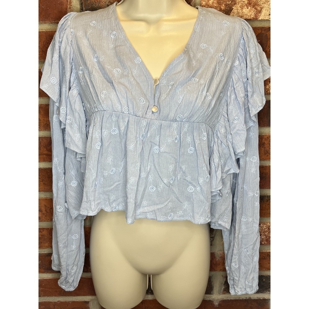 Basil & Lola Blue Crop Ruffled Top Back Tie Size L